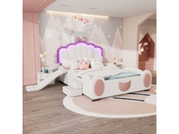 Cama Infantil 140x200 Led Escorregador Escada Pu Rosa Branco