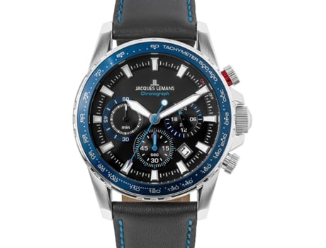 Relógio masculino preto couro real 1-2099B.1 JACQUES LEMANS