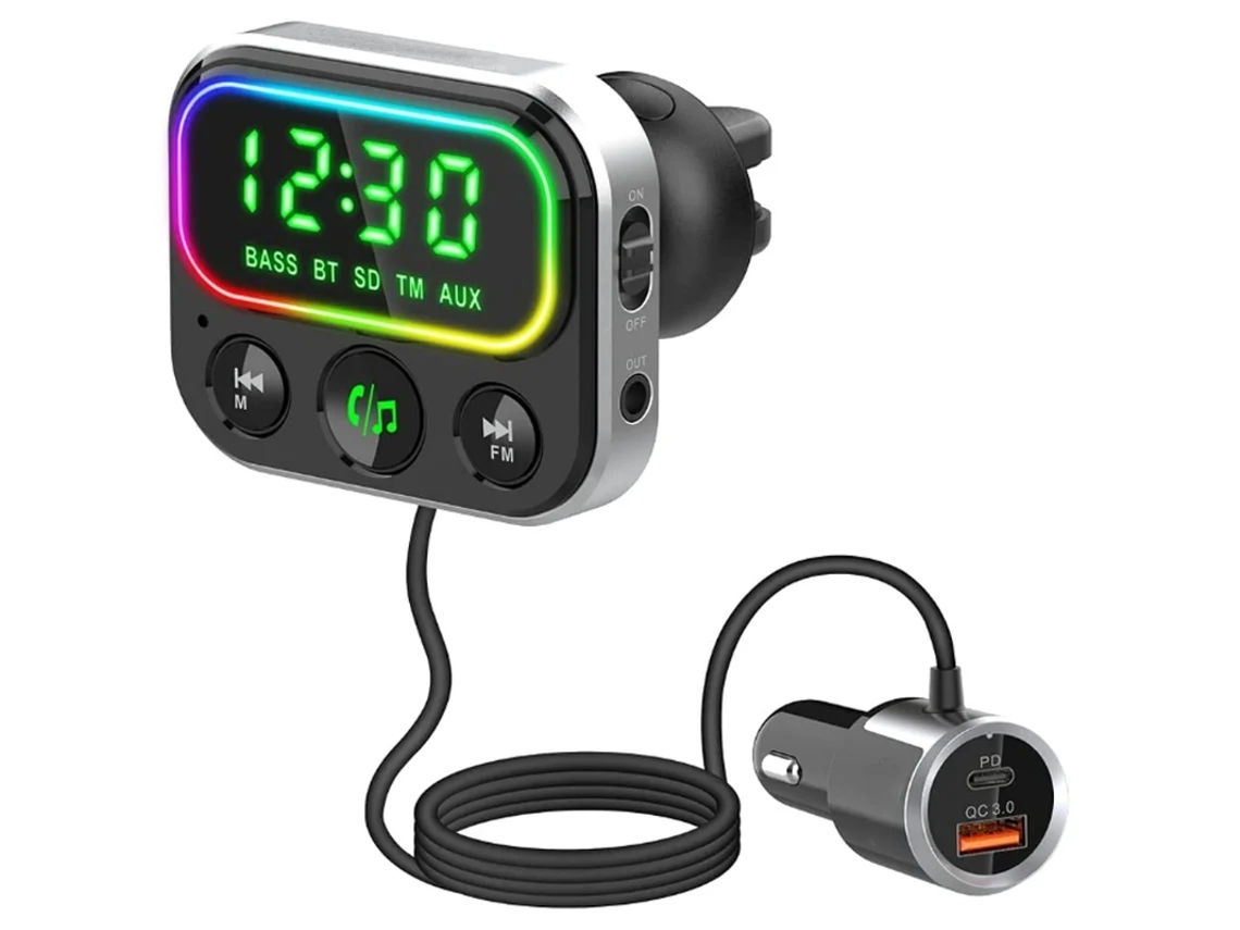 Transmissor Fm Bluetooth 5.0 Handsfree Car Kit Quick Charge Qc3.0 com Microfone 7 Luzes Coloridas Suporte Siri Mp3 YIZHOOD