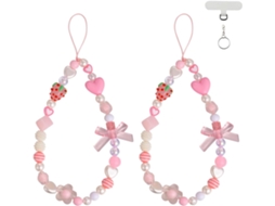 Pingente Para Celular Com Alça Estética, Pingente Fofo E Kawaii De Morango Para Capinha De Celular Com Laço Em Formato De Coração, Contas Rosa/brancas