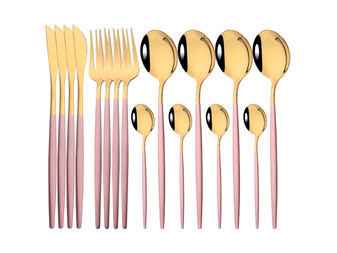 Conjunto de Talheres de 16 Peças , Talheres em Aço Inoxidável com Acabamento Espelhado, Garfo, Colher e Faca. MDUG (dourado Rosa)