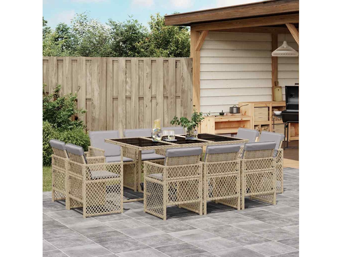 Vidaxl 11 Pcs Conj. Jantar Jardim C/ Almofadões Vime Pe Bege Misturado