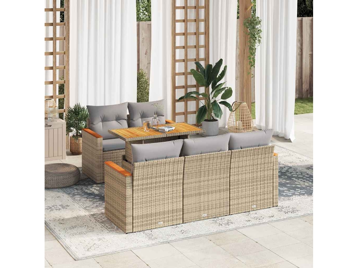 Vidaxl 6 Pcs Conjunto Sofás Jardim Com Almofadões Vime Pe/acácia Bege