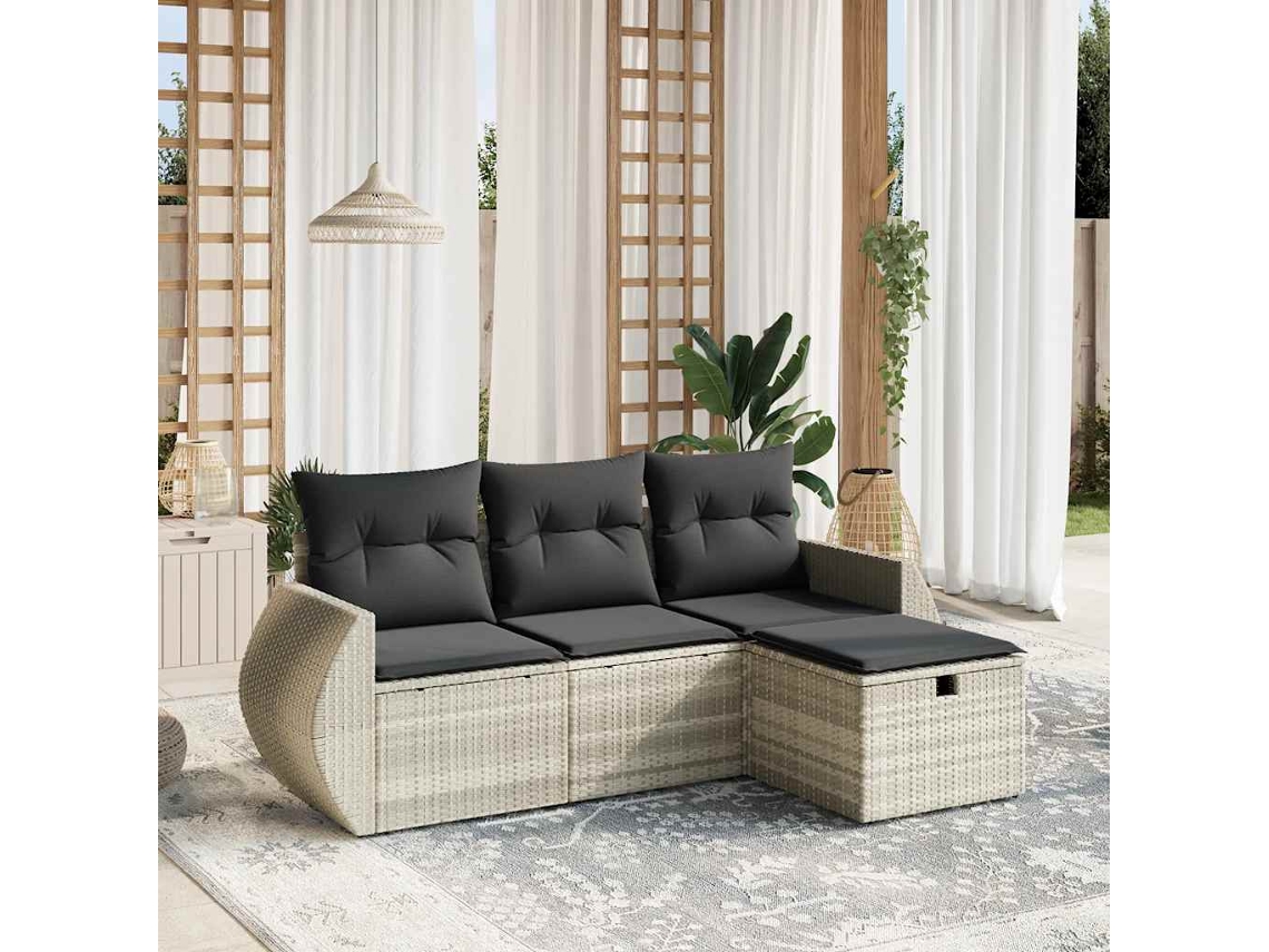 Vidaxl 4 Pcs Conj. Sofás Jardim C/ Almofadões Vime Pe Cinzento-claro