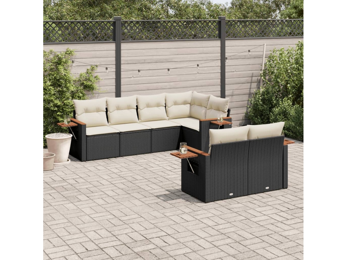 Vidaxl 7 Pcs Conjunto De Sofás P/ Jardim C/ Almofadões Vime Pe Preto