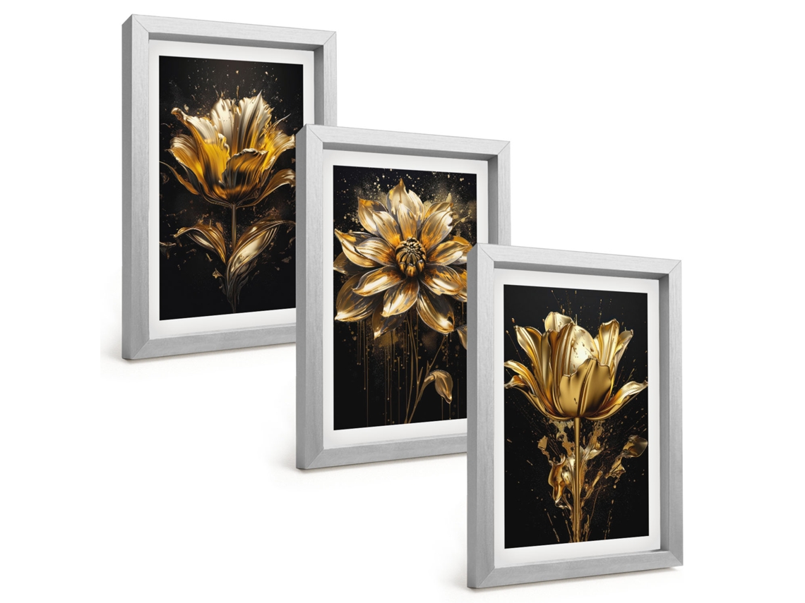Composição De Quadros Flores, Amarelo, Fundo Escuro Espelharte (3 Peças 20x30 Cm)