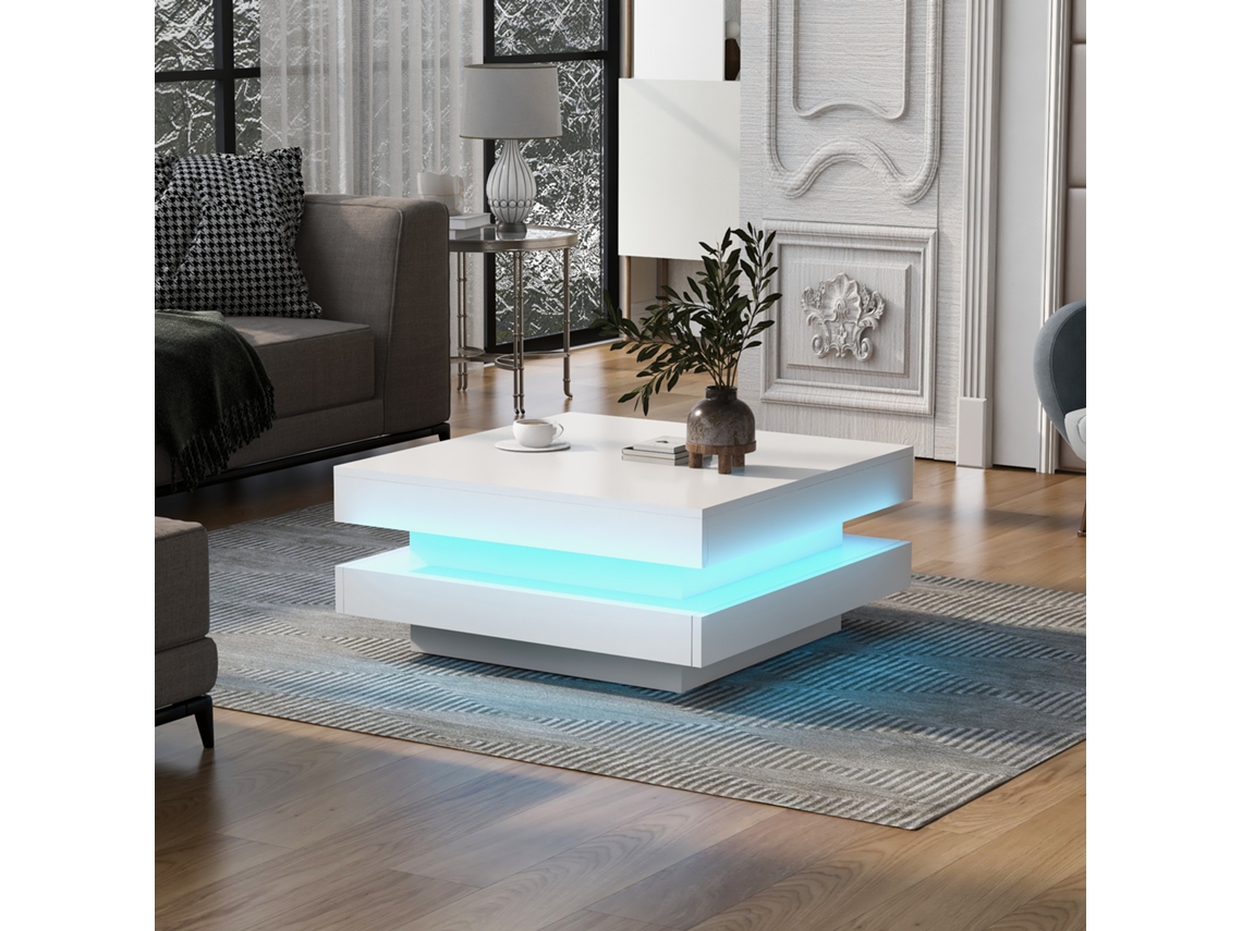 Mesa De Centro Contemporânea Com Led Em 16 Cores Formato Quadrado Branco Estilo