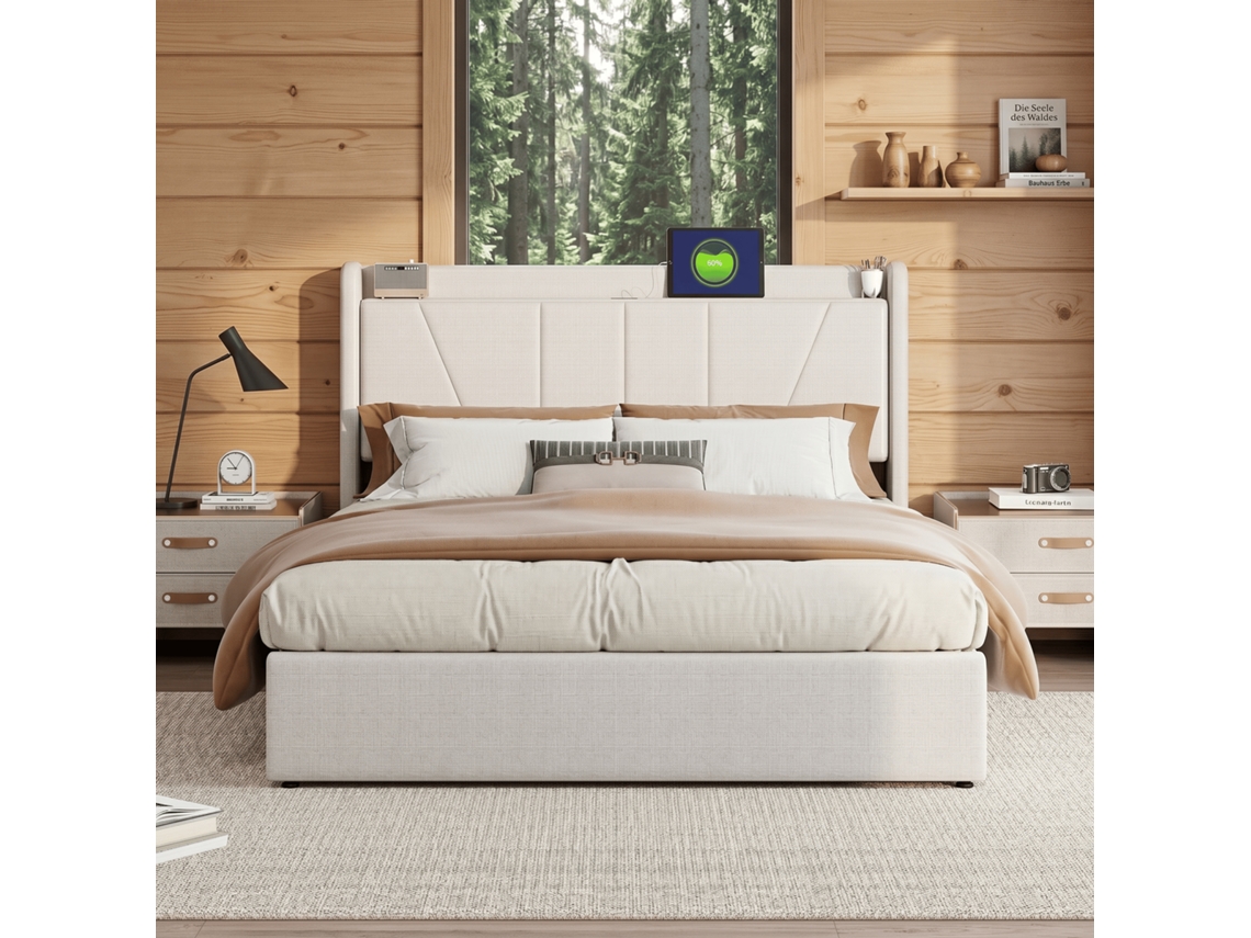 Cama Estofada 140x200 Cm com Carregamento Usb, Base Elevatória Hidráulica, Cabeceira Estante em Linho, Bege RESETIZE