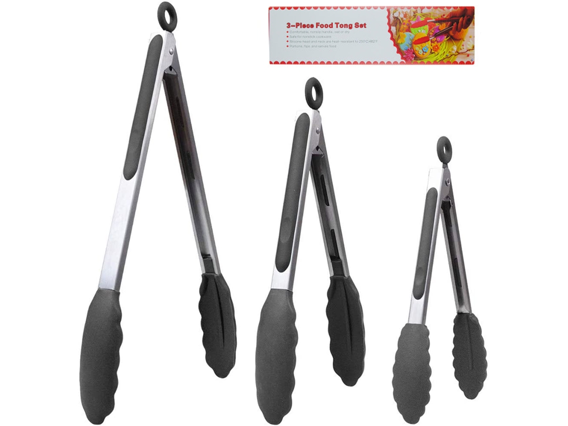 Conjunto de 3 Peças Pinças de Cozinha de Aço Inoxidável de Qualidade Alimentar Pinças de Metal com Trava Antiderrapante Preto ZMDECQNA