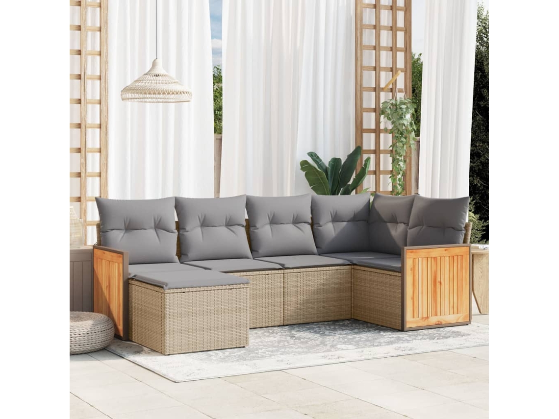 Conjunto de 6 Sofás para Jardim com Almofadas Vime Pe Bege Dkd Home Decor