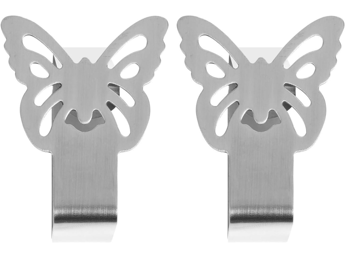 Conjunto de 2 prendedores de toalha de mesa ajustáveis em aço inoxidável, ideais para uso doméstico ou decoração de casamentos.