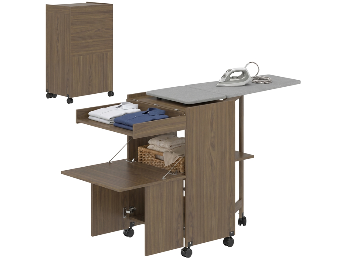 Mesa de Passar Dobrável com Suporte para Ferro e Varal para Roupas com Compartimento Aberto 154x55x87 Cm Marrom BTFORUS