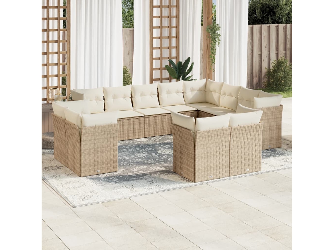 Vidaxl 12 Pcs Conjunto De Sofás P/ Jardim Com Almofadões Vime Pe Bege