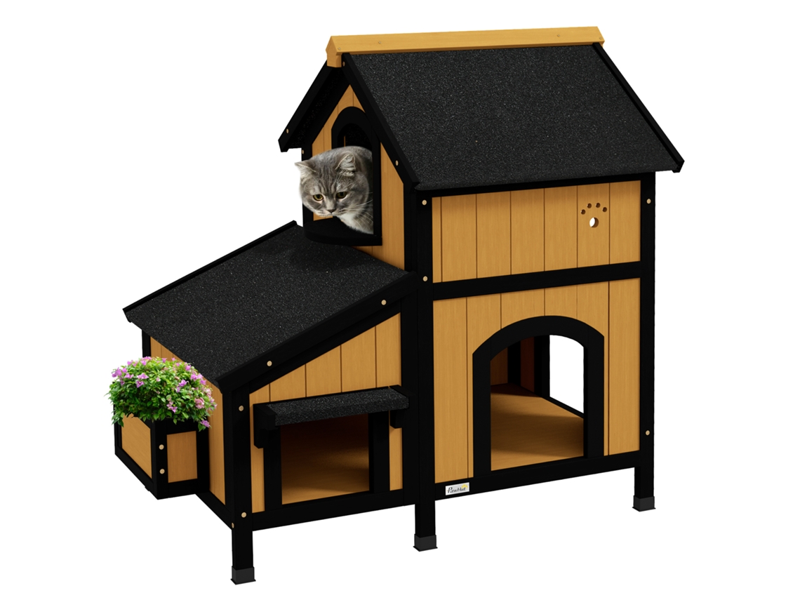 Casa para Gatos de Madeira com Suporte para Flores de 2 Níveis e Teto Asfáltico 96x65x85,5 Cm Madeira e Preto
