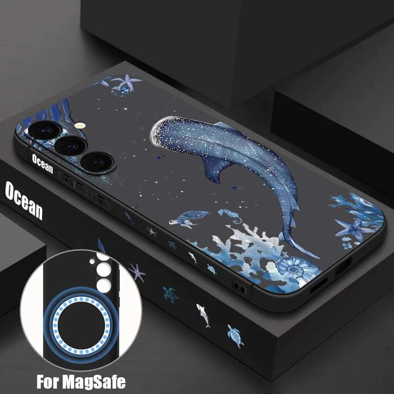 (preto) Capa Magnética Macia Com Estampa De Baleia Oceânica Para Galaxy S25 Com Cordão