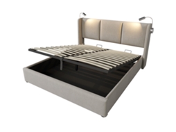 Cama de casal estofada com baú e luz de leitura Usb, cabeceira em linho, 140x200, para quartos juvenis PAPRIKA