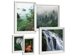Composição De Quadros Na Parede Tigre, Cachoeira, Flamingos, Natureza Moldura Branca Quadros Para O Escritório Espelharte (conjunto De 5 Imagens)