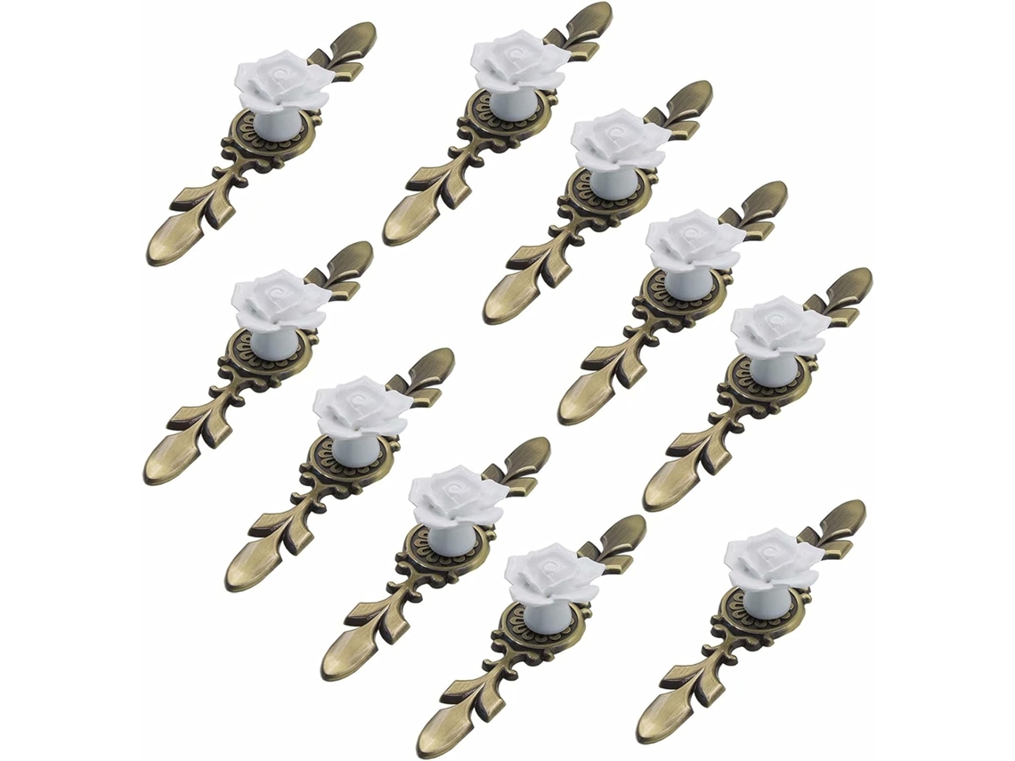 Conjunto De 10 Puxadores Cerâmica Branca Para Armários, Com 41mm De Diâmetro, Em Formato De Rosa Com Placa Bronze