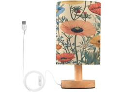 Luminária De Cabeceira Led Poppy Wildflowers, Com Cúpula De Tecido, Base De Madeira E Porta Usb, Ideal Para Quarto