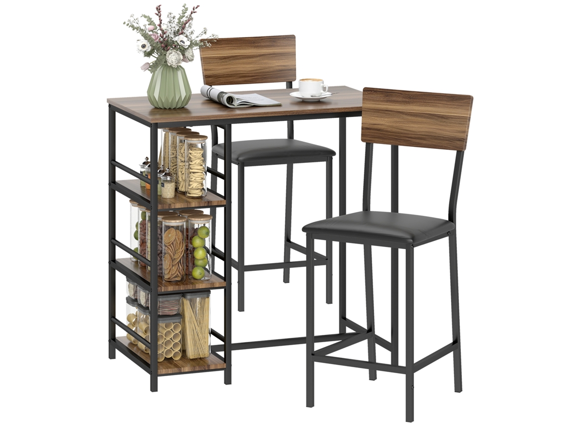 Mesa De Bar De Três Níveis E Dois Bancos Com Apoio Para Os Pés E Encosto. Fabricada Em Madeira E Aço. Cor: Preto E Nogueira.