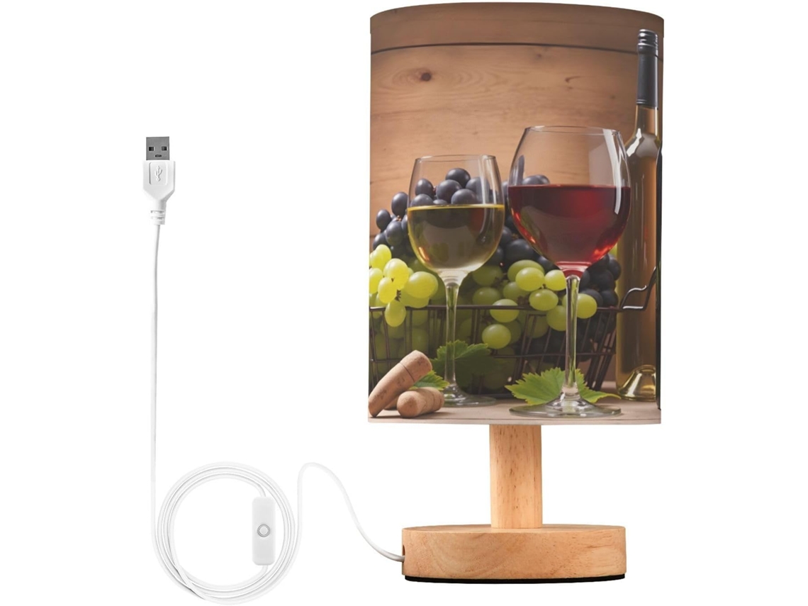 Abajur De Cabeceira Mnsruu Em Madeira Com Estampa Uvas E Vinho Tinto, Com Led, Para Mesa Ou Quarto Lâmpada Inclusa