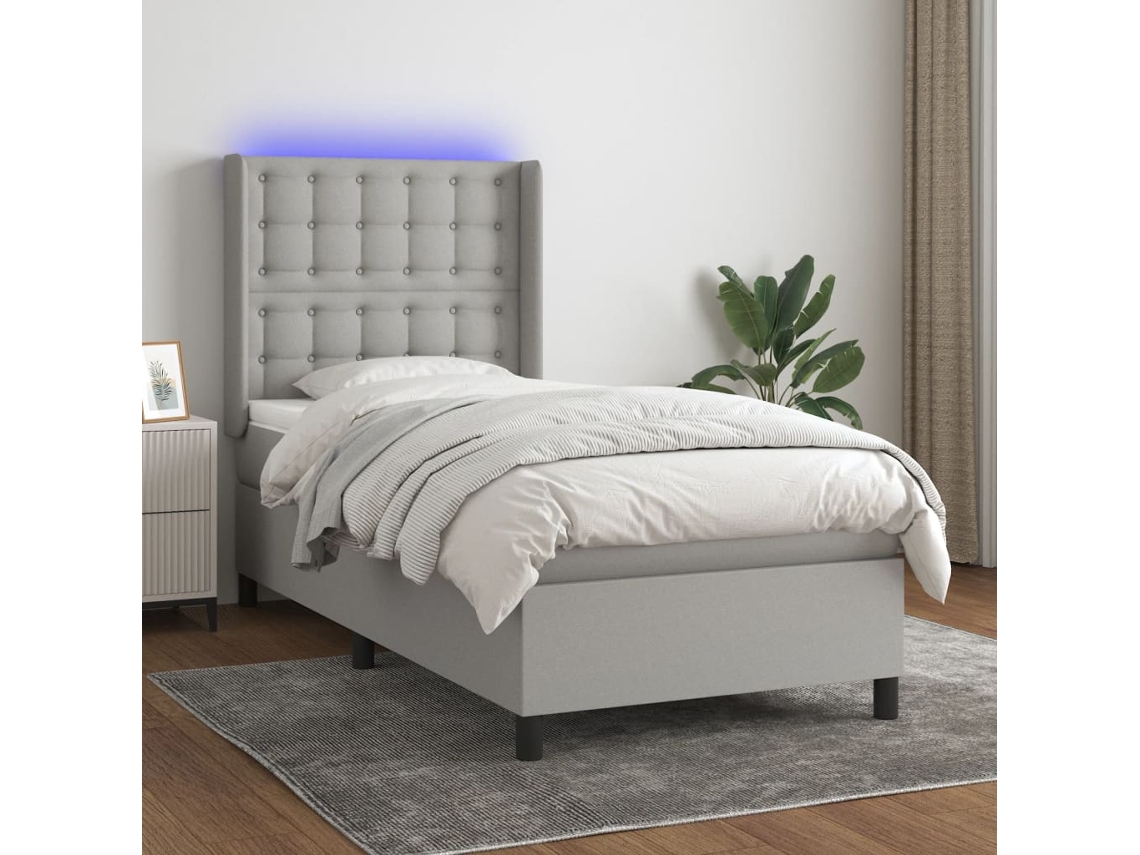Vidaxl Cama Box Spring C/ Colchão E Led 90x190 Cm Tecido Cinza-claro