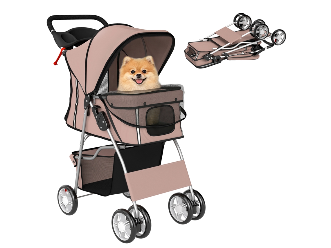 Carrinho Dobrável para Cães com Fita Refletora, Cesta de Armazenamento para Cães Pequenos de Até 10kg, 77x44x102cm Café Ge