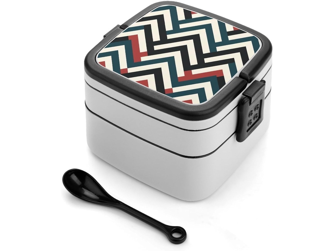Lancheira Para Adultos Com Colher, Design Listrado Em Zigue Zague, Recipiente Fofo De Dois Compartimentos Para Alimentos