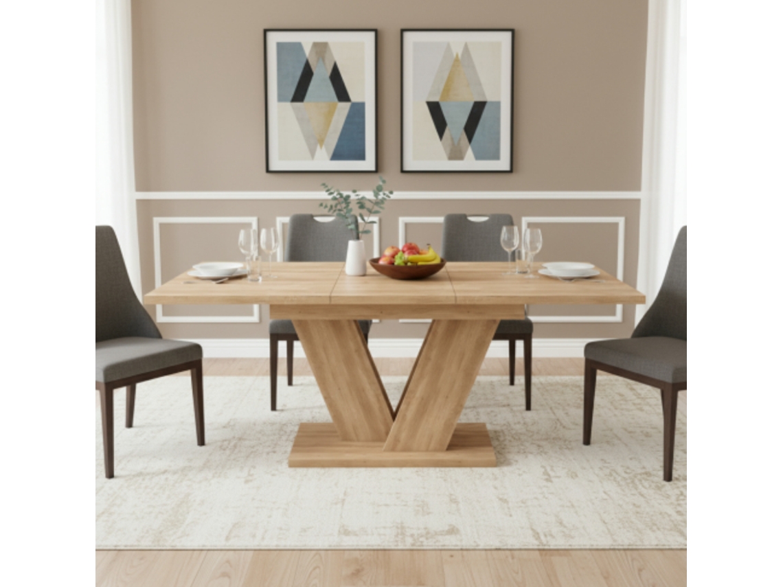Mesa De Jantar Extensível 140/180x80 Cm - 4-6 Pessoas, Tampo Espesso, Pernas Em V, Estilo Simples - Carvalho