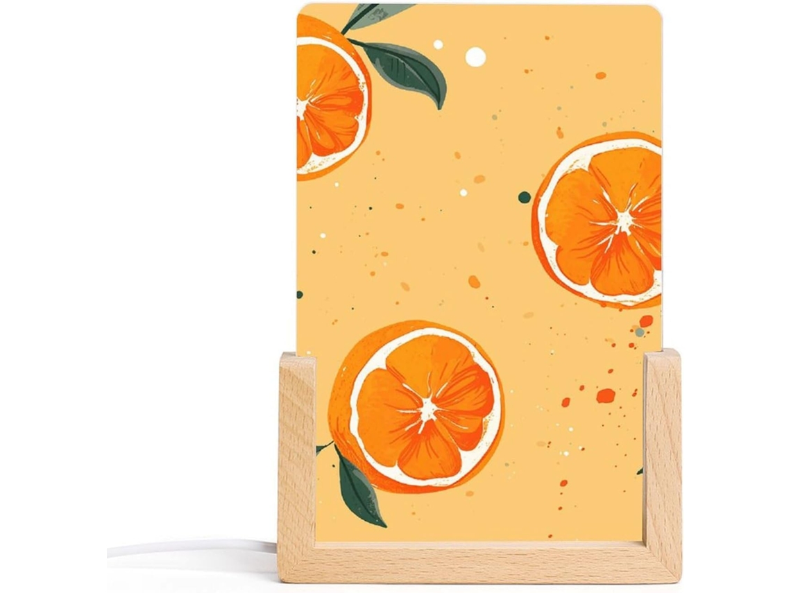Luminária noturna em acrílico com design animado, base em madeira laranja estampada, luz noturna de LED.