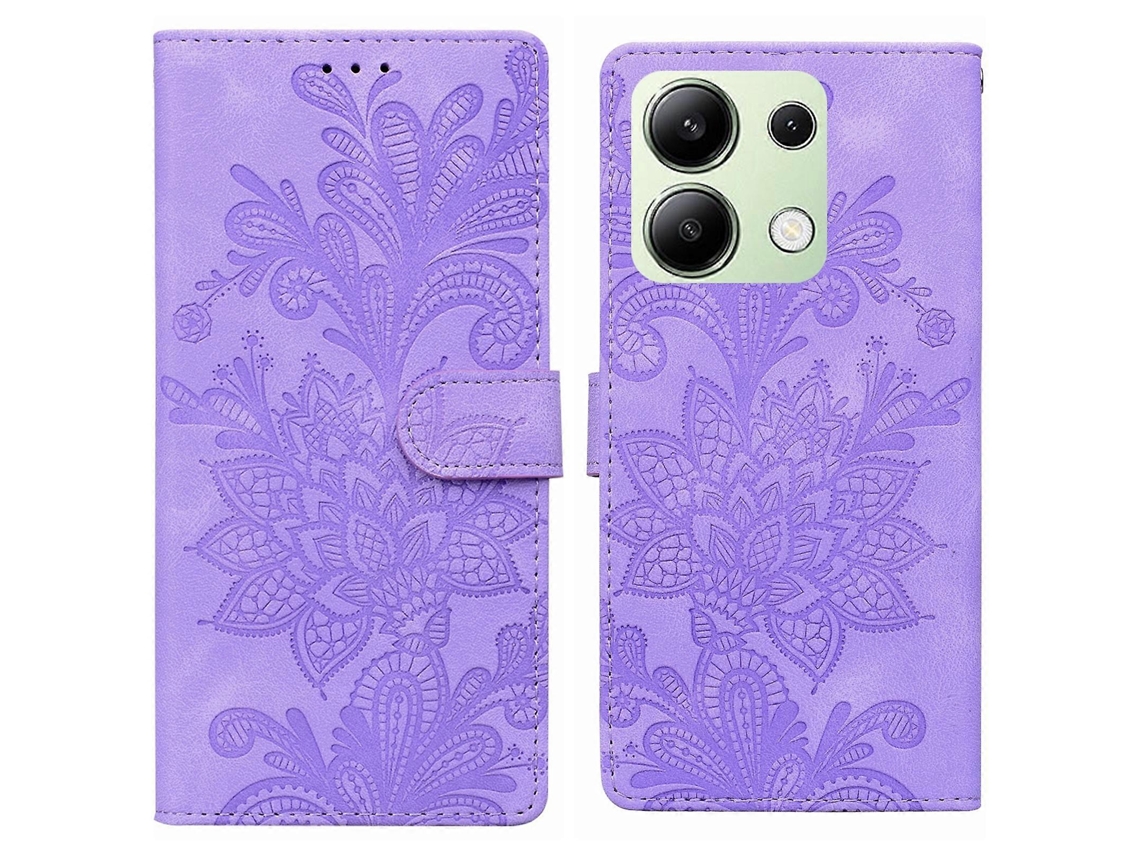 Capa De Celular Em Pu Com Fecho Magnético, Estampa Floral Em Relevo De Renda E Alça De Pulso Para Redmi Note 13 4g