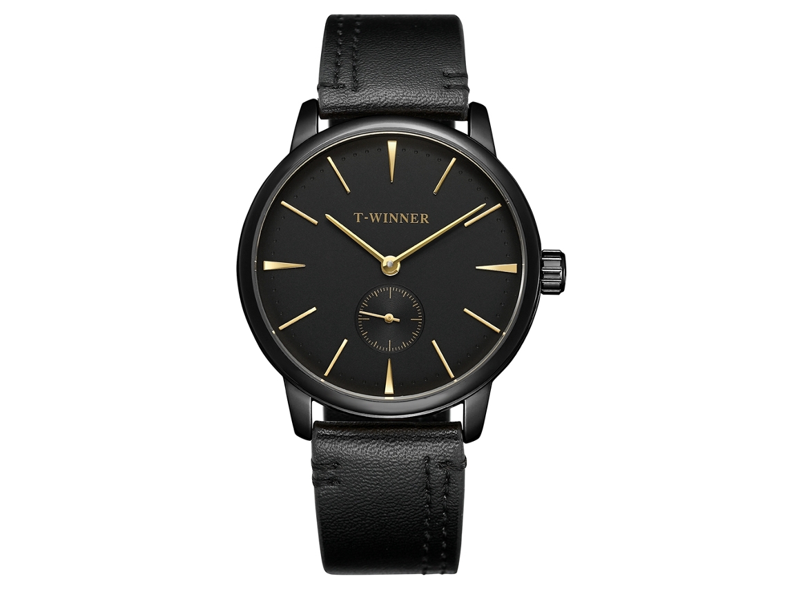 Relógio masculino Winner semiautomático mecânico (mostrador preto, ponteiros dourados, pulseira preta)
