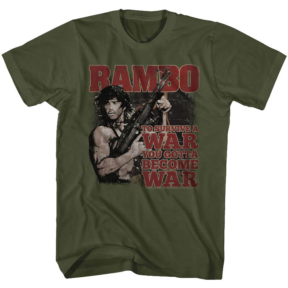 Unisex Adult T-shirt Rockinstone Rambo Movie Become War Solid Military Green Sizem