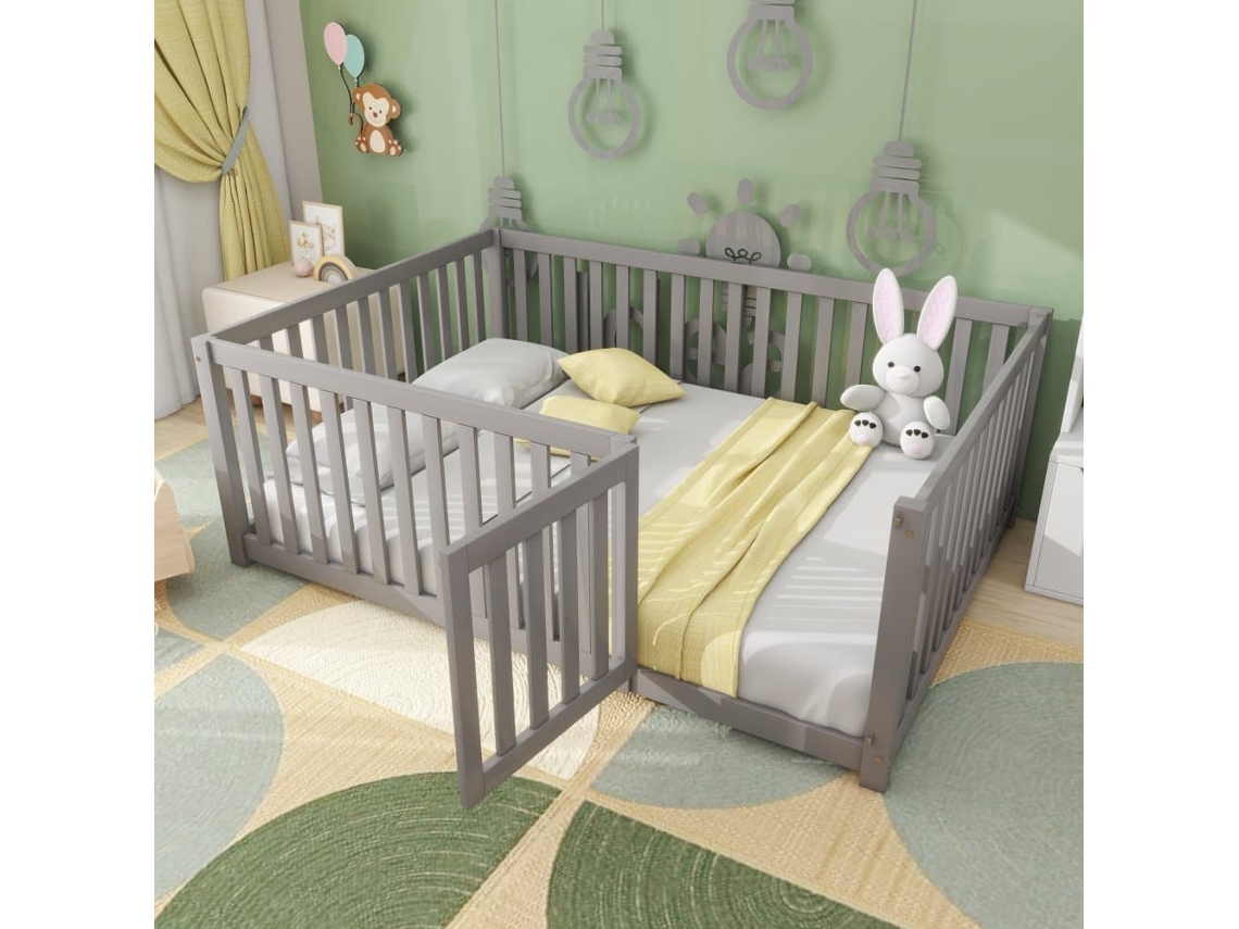 Cama De Madeira Maciça Para Crianças 140x200cm Com Barreira De Segurança - Cinzento