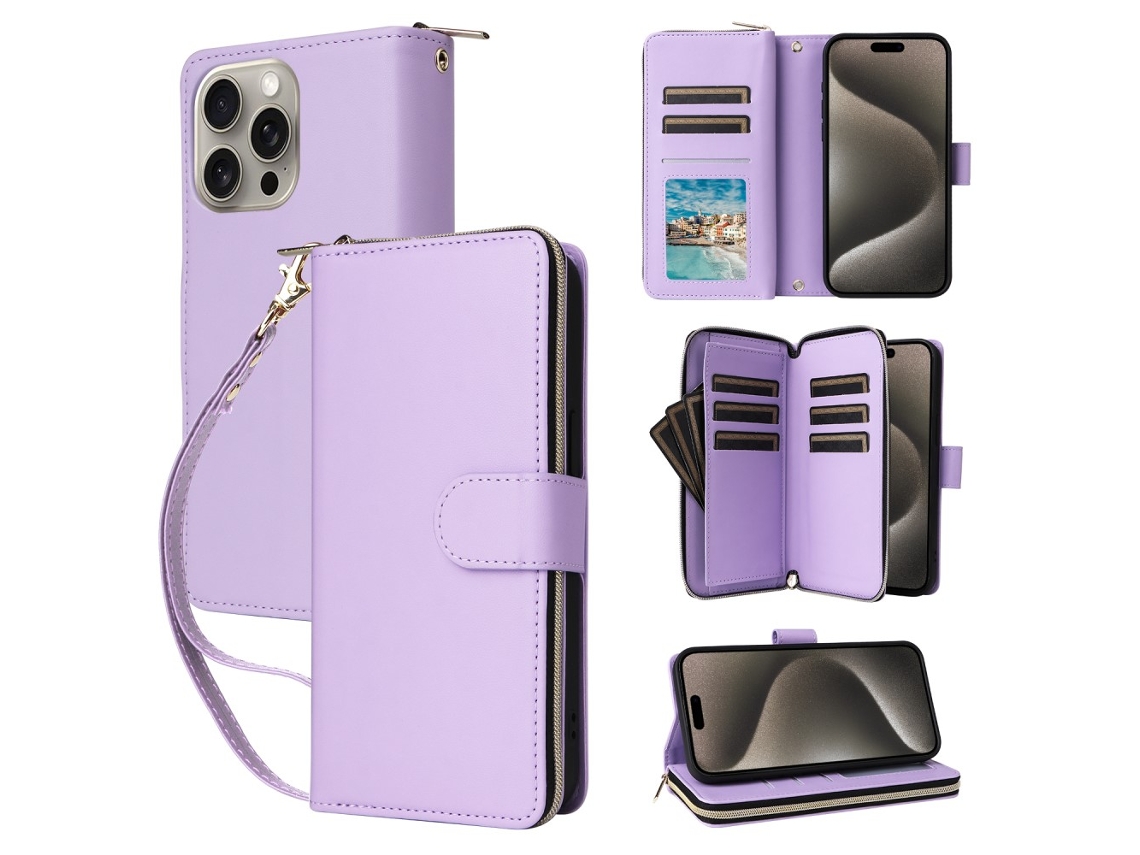 Capa Para Iphone 15 Pro Pele Sintética Com Porta-cartões Roxo