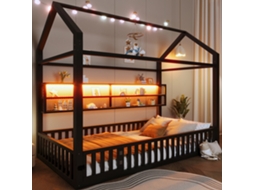 Cama Plataforma Casa 90x200 Com Cerca E Iluminação Led Preto