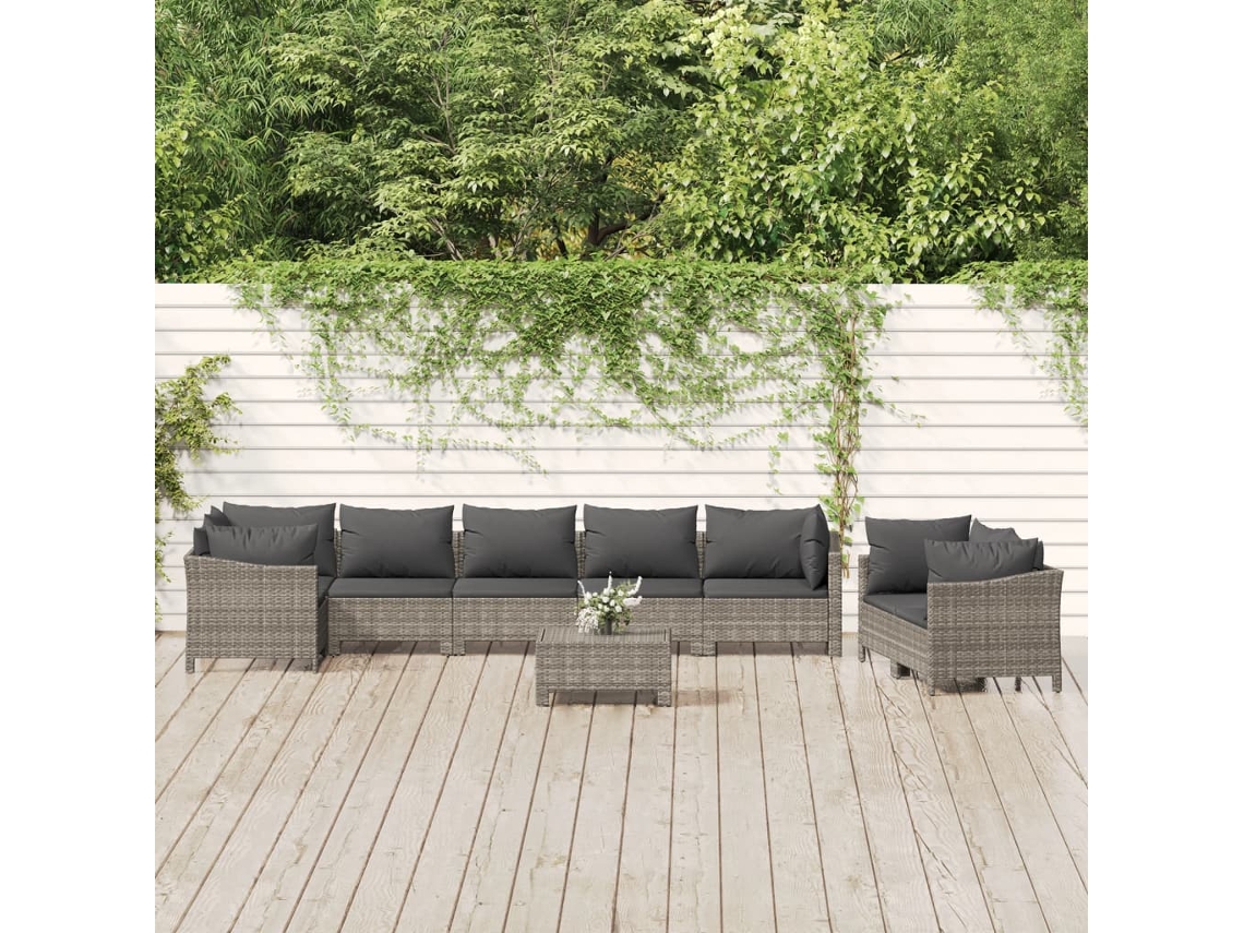 Vidaxl 9 Pcs Conjunto Lounge De Jardim C/ Almofadões Vime Pe Cinzento