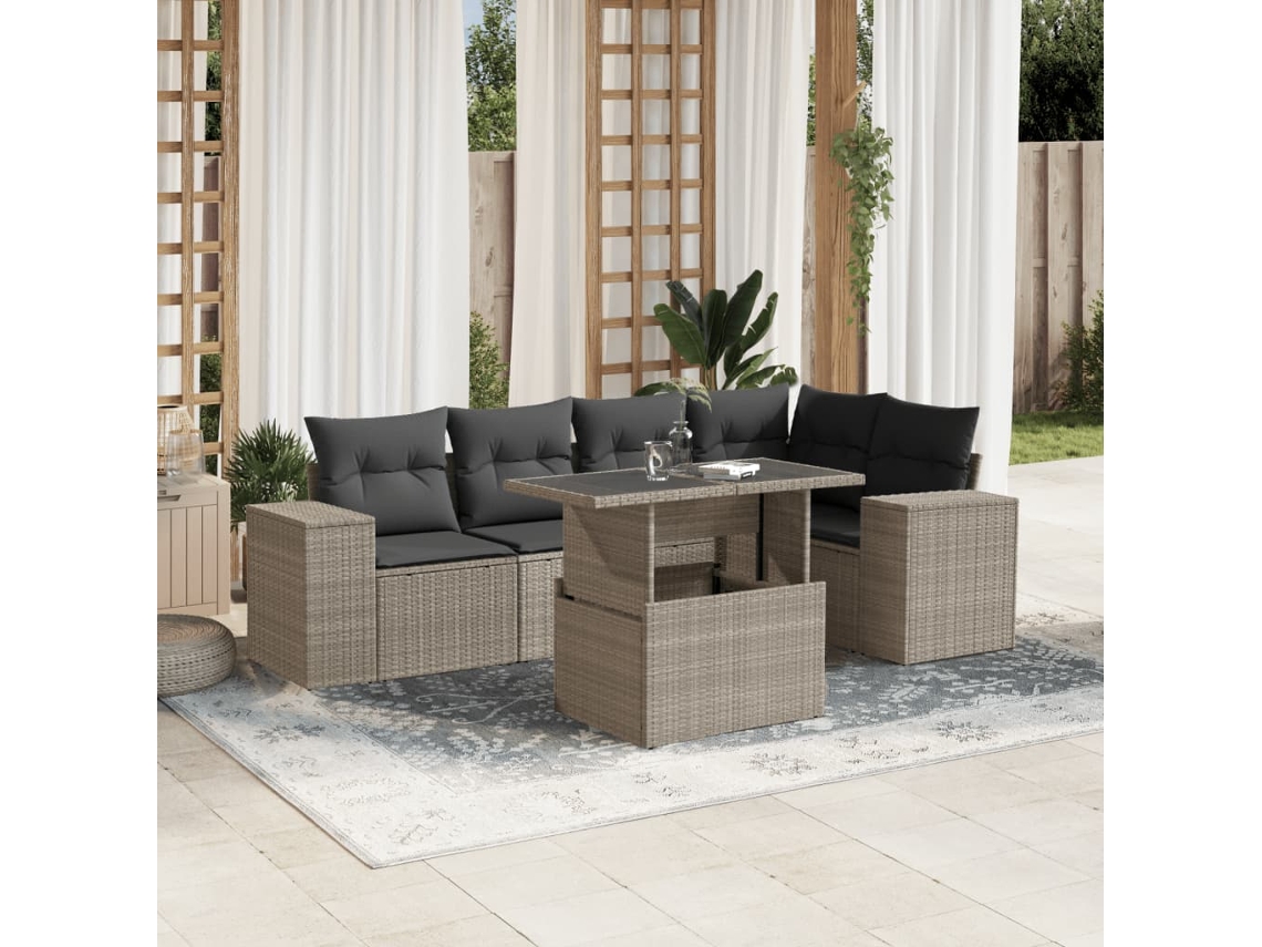 Vidaxl 6 Pcs Conj. Sofás Jardim Com Almofadões Vime Pe Cinzento-claro