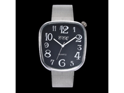 Relógio de quartzo moderno com pulseira de malha metálica, prateado e preto.