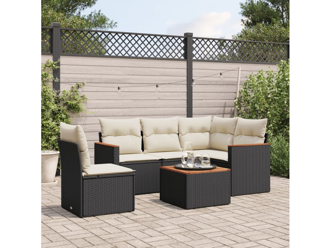 6 Pcs Conjunto de Móveis de Jardim - Conjunto Sofás de Jardim C/ Almofadões Vime Pe Preto HARLANV1