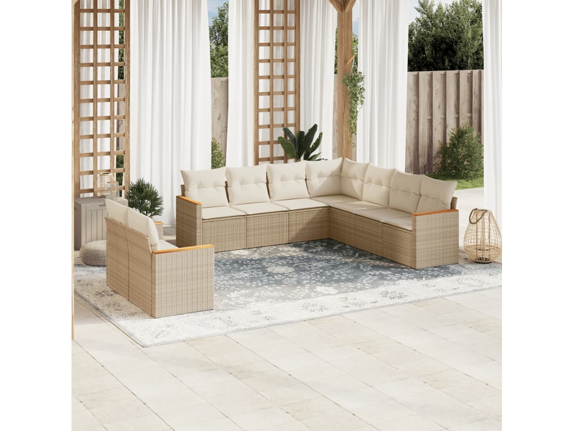 Vidaxl 9 Pcs Conjunto De Sofás P/ Jardim Com Almofadões Vime Pe Bege