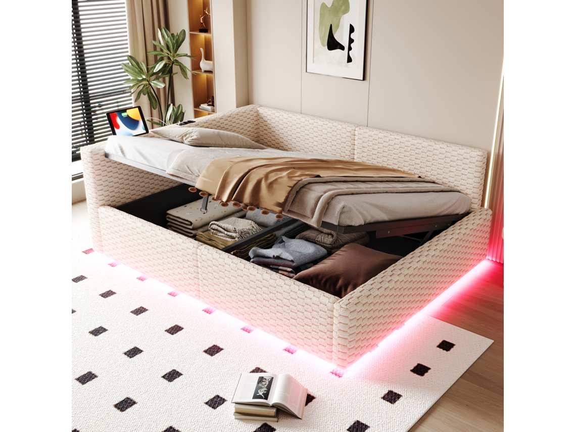 Cama Box 140x200 Bege Com Led, Usb, Tape-c, Encosto L E Hidráulico