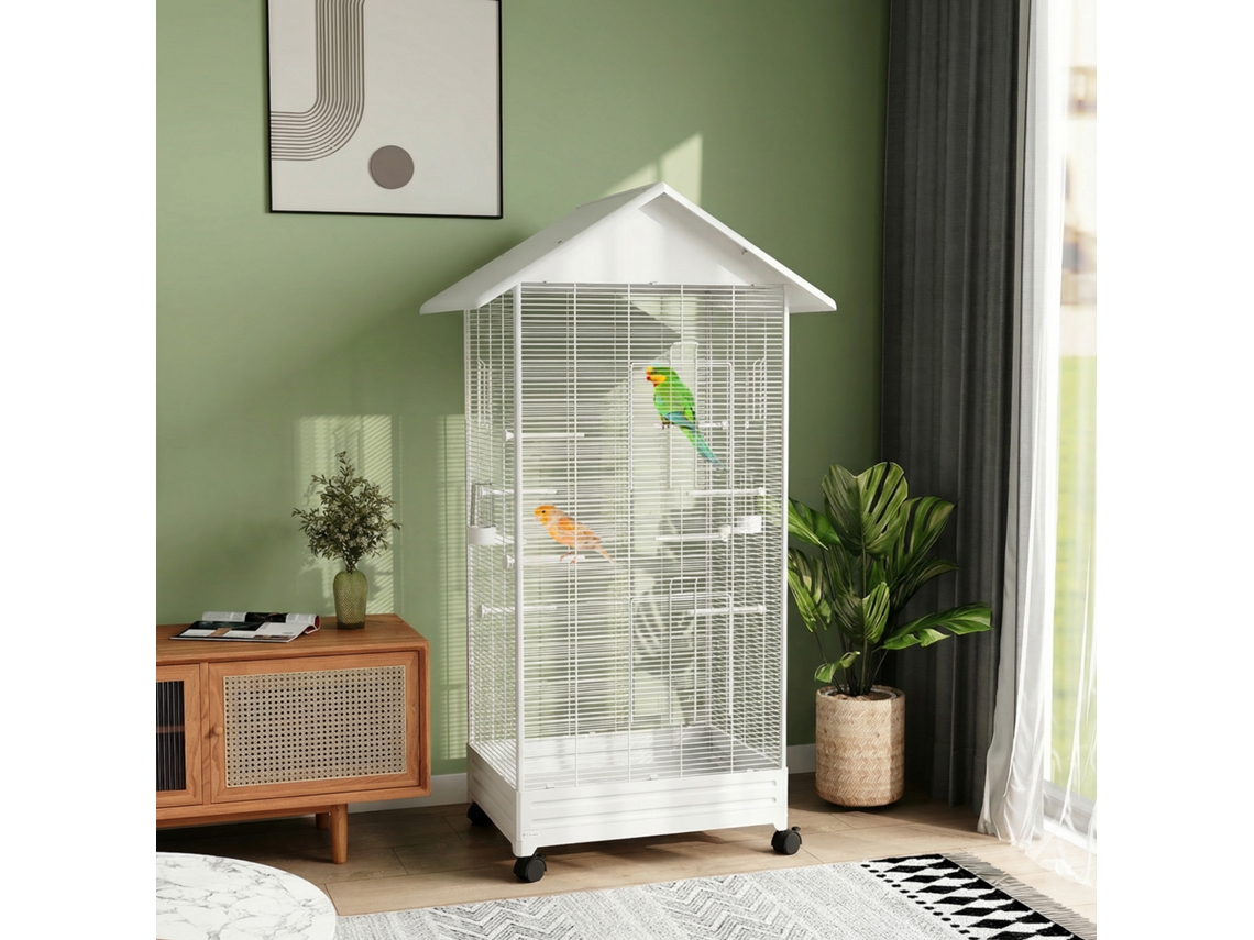 Aviário Interno Sobre Rodas Para Pássaros, 79x65x155 Cm, Gaiola De Arame De Aço Branco Com 2 Comedouros E 8 Poleiros