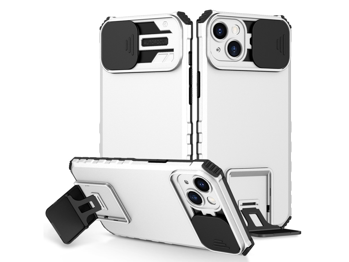 Suporte Casa Slide Câmara Para Iphone 15 Plus Pele Sintética Anti-choque Branco