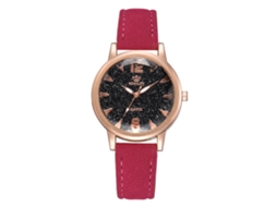 Relógio de Pulso Feminino com Mostrador Redondo Pulseira Pu Relógio de Quartzo Rosa Vermelho