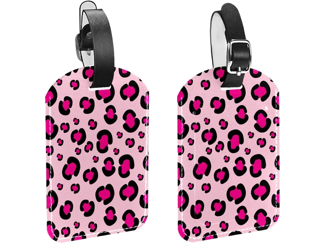 Conjunto De 2 Etiquetas Bagagem Em Imitação Couro Com Estampa Leopardo Rosa