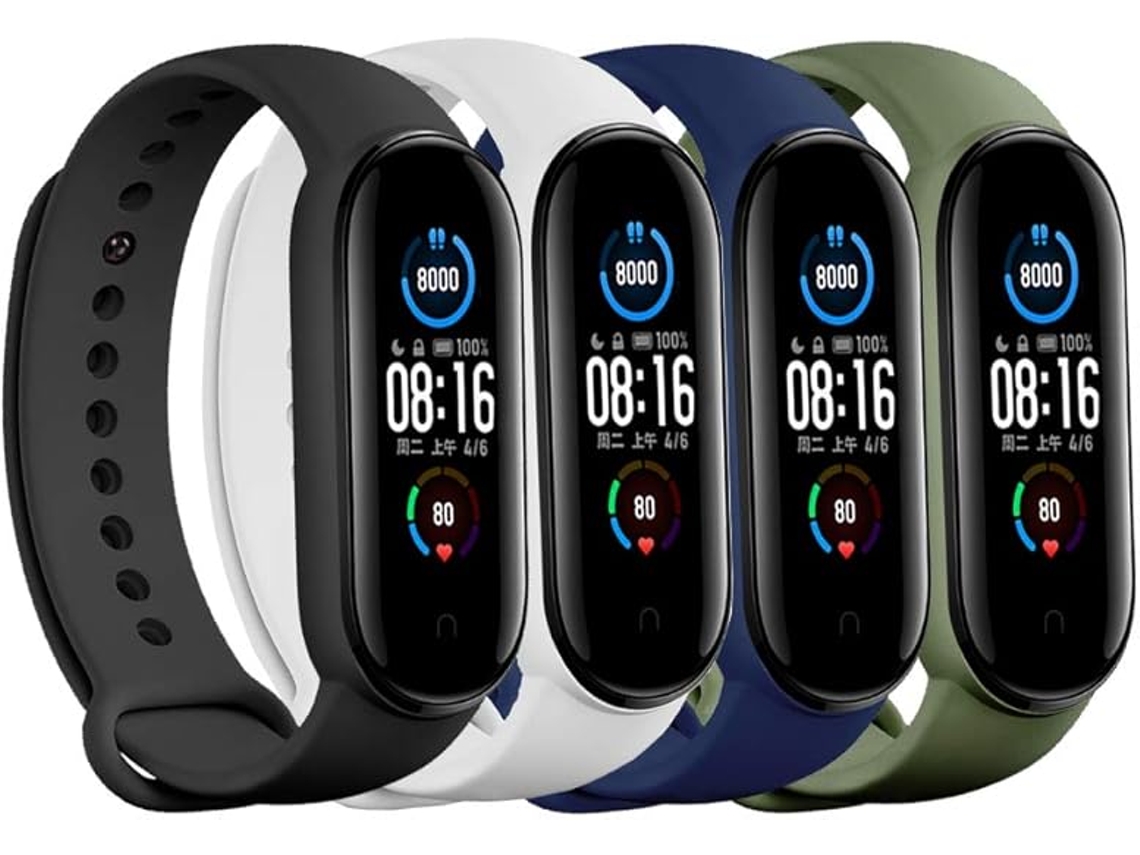Kit 4 Correias Silicone Macio Compatível Mi Band 5 e 6, 4 Cores Neutras, Ajustável com Furos, Esportivo Anti sudor Unissex. YANYXR