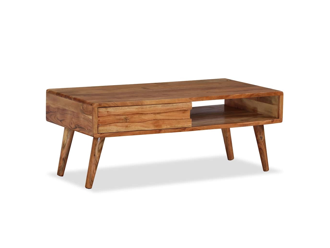 Vidaxl Mesa De Centro Madeira Maciça Com Gaveta Esculpida 100x50x40 Cm