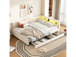 Sofá Cama 140x200cm Bege Linho Usb Typ C Led Gavetas