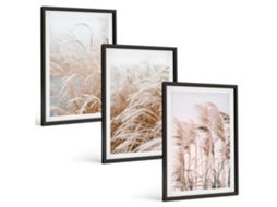 Conjunto De Pinturas Campos De Grama Em Tons De Marrom E Bege Espelharte (3 Peças 40x60 Cm)